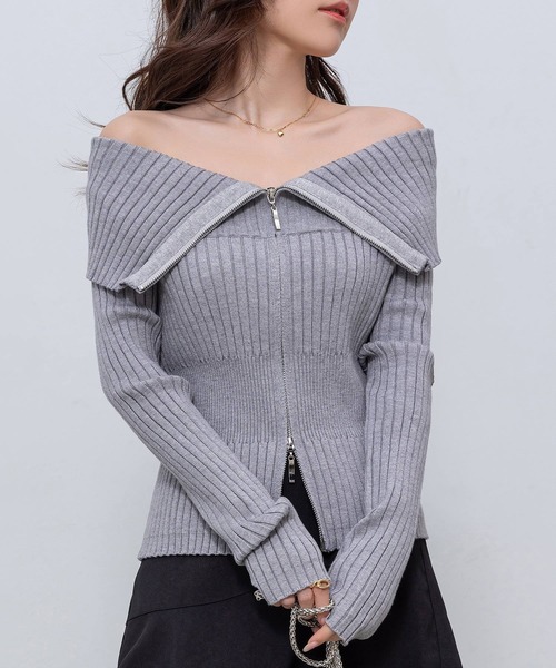 DAY CLOSET（デイ クローゼット）の「【デコルテ綺麗魅せ】長袖 オフショル ビッグカラー ダブルジップ リブニット レディース（ニット/セーター・レディース・ホワイト/ブラック/チャコールグレー/グレー・FREE）」の22枚目の写真