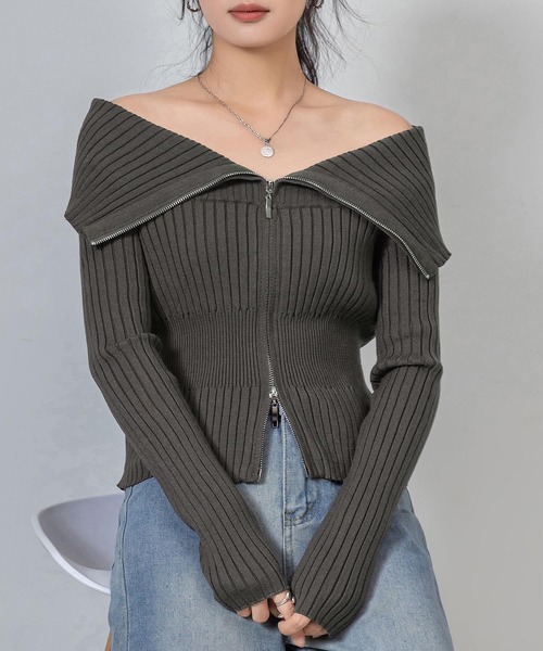 DAY CLOSET（デイ クローゼット）の「【デコルテ綺麗魅せ】長袖 オフショル ビッグカラー ダブルジップ リブニット レディース（ニット/セーター・レディース・ホワイト/ブラック/チャコールグレー/グレー・FREE）」の17枚目の写真