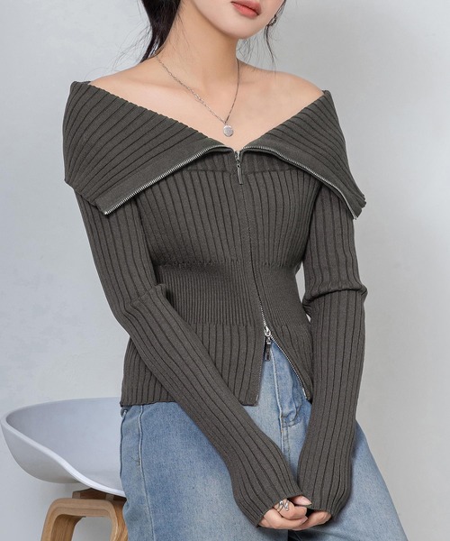 DAY CLOSET（デイ クローゼット）の「【デコルテ綺麗魅せ】長袖 オフショル ビッグカラー ダブルジップ リブニット レディース（ニット/セーター・レディース・ホワイト/ブラック/チャコールグレー/グレー・FREE）」の18枚目の写真