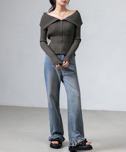 DAY CLOSET（デイ クローゼット）の「【デコルテ綺麗魅せ】長袖 オフショル ビッグカラー ダブルジップ リブニット レディース（ニット/セーター・レディース・ホワイト/ブラック/チャコールグレー/グレー・FREE）」の21枚目の写真