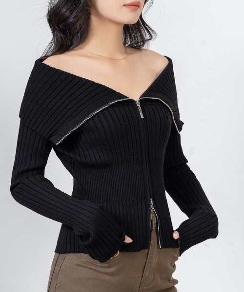 DAY CLOSET（デイ クローゼット）の「【デコルテ綺麗魅せ】長袖 オフショル ビッグカラー ダブルジップ リブニット レディース（ニット/セーター・レディース・ホワイト/ブラック/チャコールグレー/グレー・FREE）」の12枚目の写真