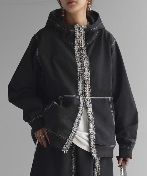 デニム風 ツイードラインパーカー セットアップ可（パーカー）｜HUG.U（ハグユー）