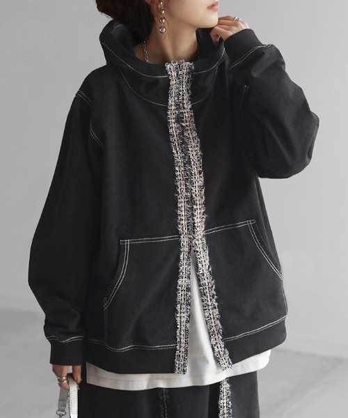 デニム風 ツイードラインパーカー セットアップ可（パーカー）｜HUG.U（ハグユー）