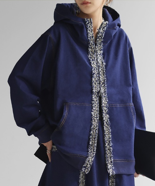 デニム風 ツイードラインパーカー セットアップ可（パーカー）｜HUG.U（ハグユー）
