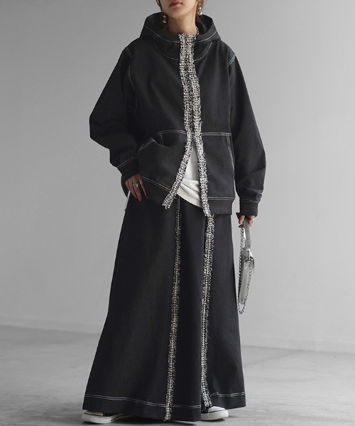 デニム風 ツイードラインパーカー セットアップ可（パーカー）｜HUG.U（ハグユー）