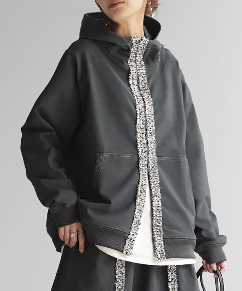 デニム風 ツイードラインパーカー セットアップ可（パーカー）｜HUG.U（ハグユー）