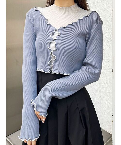 MERCURYDUO（マーキュリーデュオ）の「配色メローフリルニットカーデ（カーディガン/ボレロ・レディース・ライトグレー/ブラック/ブルー・FREE）」の3枚目の写真