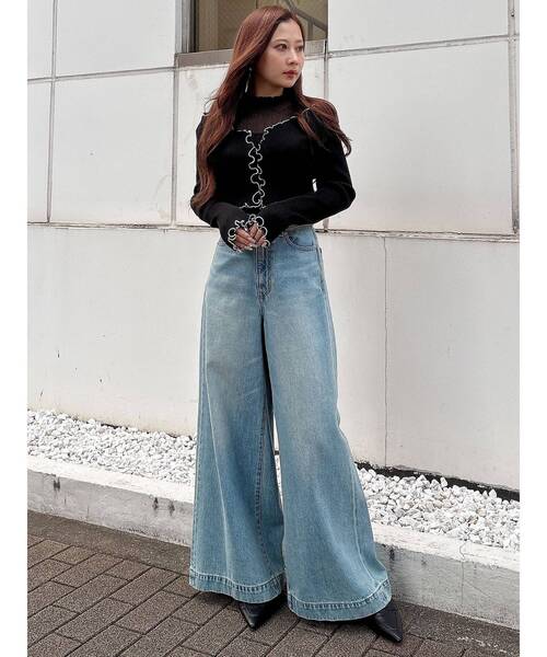 MERCURYDUO（マーキュリーデュオ）の「配色メローフリルニットカーデ（カーディガン/ボレロ・レディース・ライトグレー/ブラック/ブルー・FREE）」の7枚目の写真