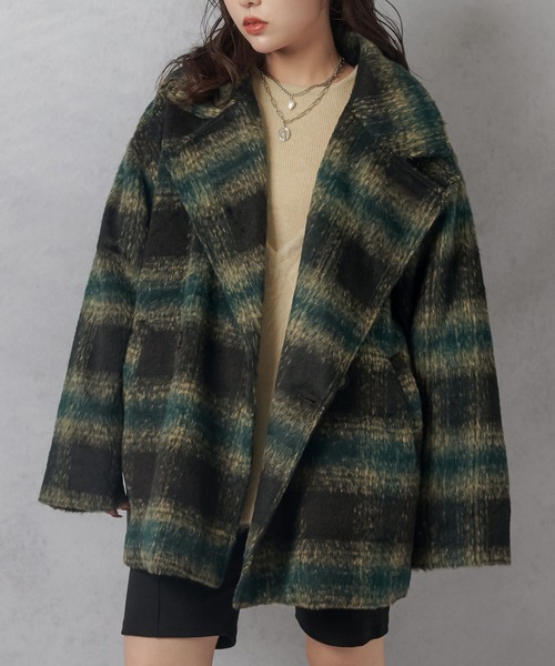 Lull（ルル）の「【Lull / ルル】チェック柄シャギーコート（チェスターコート・レディース・ブラウン/ブルー/ブラック・ONESIZE）」の2枚目の写真