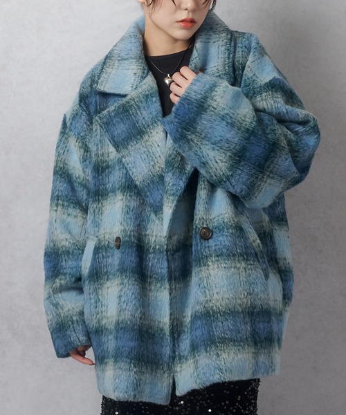 Lull（ルル）の「【Lull / ルル】チェック柄シャギーコート（チェスターコート・レディース・ブラウン/ブルー/ブラック・ONESIZE）」の3枚目の写真