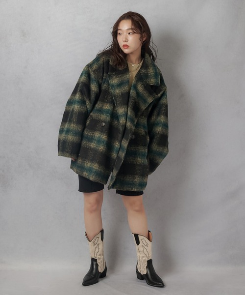 Lull（ルル）の「【Lull / ルル】チェック柄シャギーコート（チェスターコート・レディース・ブラウン/ブルー/ブラック・ONESIZE）」の9枚目の写真