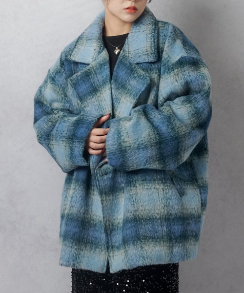 ヨークランド　タータンチェック柄シャギーコート ヨークランド タータンチェック柄シャギーコート