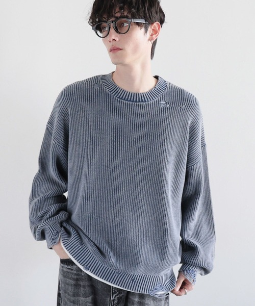 RAGEBLUE（レイジブルー）の「ピグメントダメージ/アゼ編みクルーネックニット（ニット/セーター・メンズ・ライトブルー/ネイビー/グレー/イエロー・MEDIUM/LARGE）」の4枚目の写真