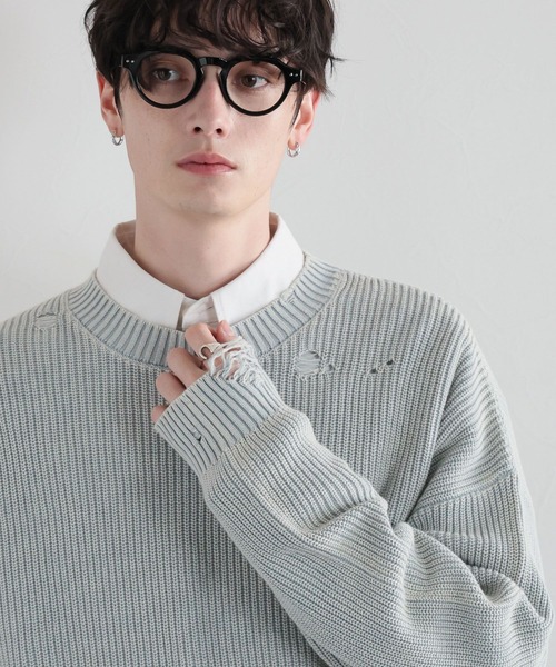 RAGEBLUE（レイジブルー）の「ピグメントダメージ/アゼ編みクルーネックニット（ニット/セーター・メンズ・ライトブルー/ネイビー/グレー/イエロー・MEDIUM/LARGE）」の3枚目の写真