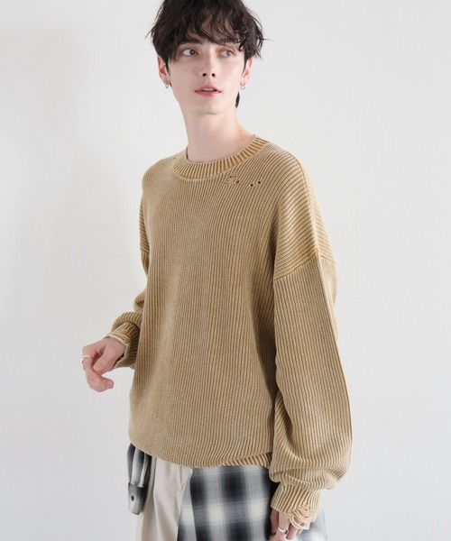 RAGEBLUE（レイジブルー）の「ピグメントダメージ/アゼ編みクルーネックニット（ニット/セーター・メンズ・ライトブルー/ネイビー/グレー/イエロー・MEDIUM/LARGE）」の19枚目の写真