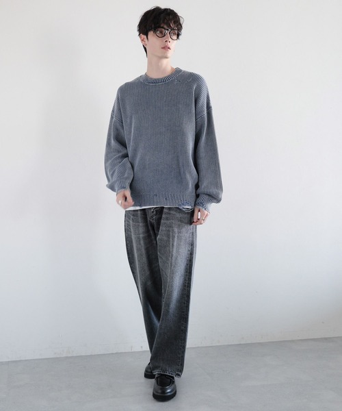 RAGEBLUE（レイジブルー）の「ピグメントダメージ/アゼ編みクルーネックニット（ニット/セーター・メンズ・ライトブルー/ネイビー/グレー/イエロー・MEDIUM/LARGE）」の18枚目の写真