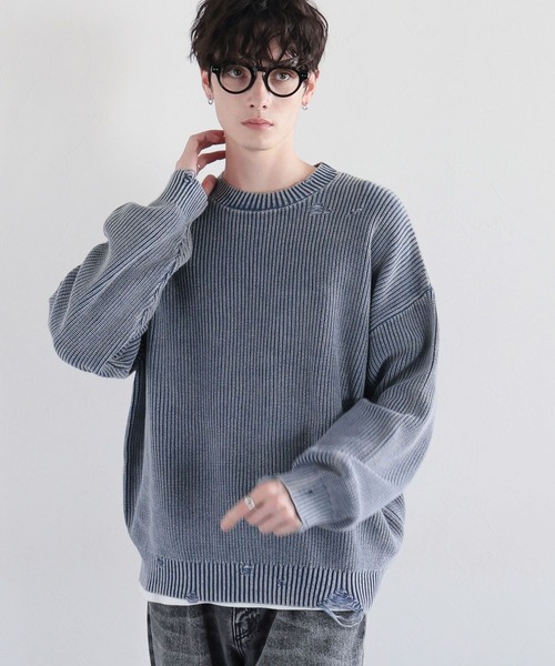 RAGEBLUE（レイジブルー）の「ピグメントダメージ/アゼ編みクルーネックニット（ニット/セーター・メンズ・ライトブルー/ネイビー/グレー/イエロー・MEDIUM/LARGE）」の17枚目の写真