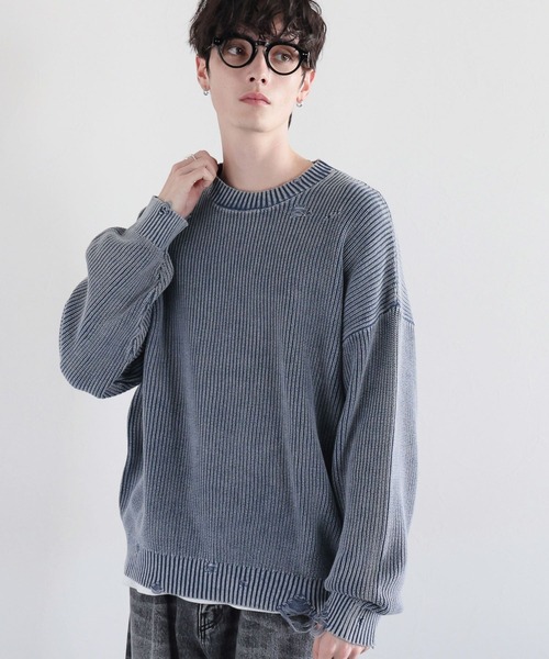 RAGEBLUE（レイジブルー）の「ピグメントダメージ/アゼ編みクルーネックニット（ニット/セーター・メンズ・ライトブルー/ネイビー/グレー/イエロー・MEDIUM/LARGE）」の16枚目の写真