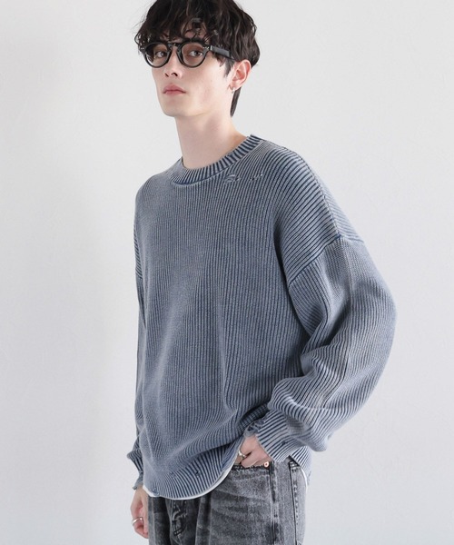 RAGEBLUE（レイジブルー）の「ピグメントダメージ/アゼ編みクルーネックニット（ニット/セーター・メンズ・ライトブルー/ネイビー/グレー/イエロー・MEDIUM/LARGE）」の15枚目の写真