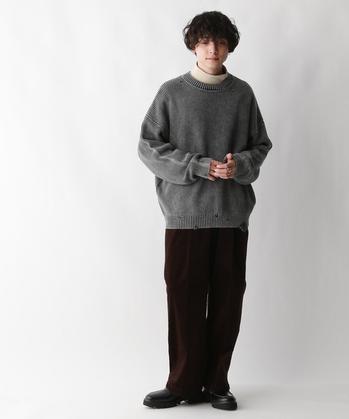 pggダークグレー セーター サイズ4 セール】ピグメントダメージ/アゼ編みクルーネックニット（ニット