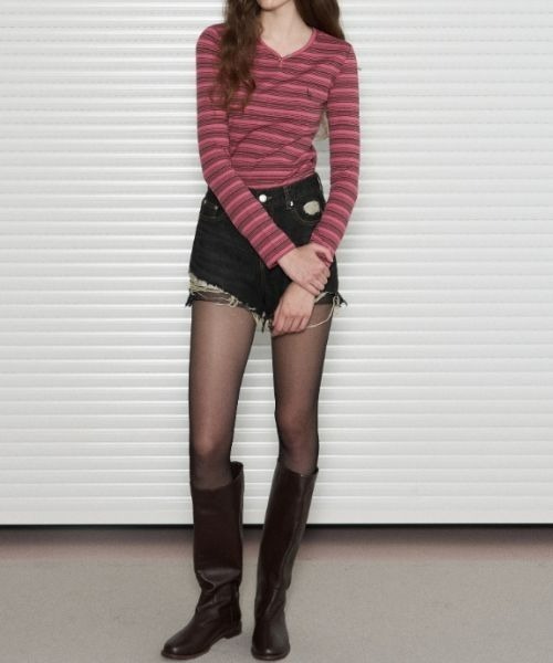 Tシャツ・カットソー ^LEATHERY^ Slim fit striped top PINK LRTS4353PK セール】Slim Fit Stripe Top(Tシャツ/カットソー)|LEATHERY