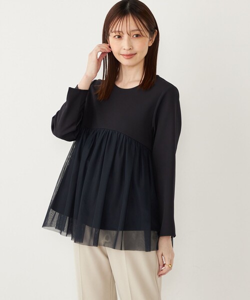 SHIPS Colors(シップス カラーズ)の「SHIPS Colors:〈手洗い可能〉ツインクロス チュール コンビ トップス◇(シャツ/ブラウス・レディース・ネイビー/ナチュラル・ONE SIZE)」の2枚目の写真