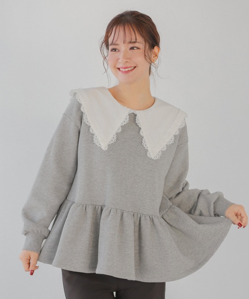 新品未使用　タグ付き　フィットモア　レース襟ペプラムスエット　グレー レース襟ペプラムスウェット（スウェット）｜Fit more（フィット