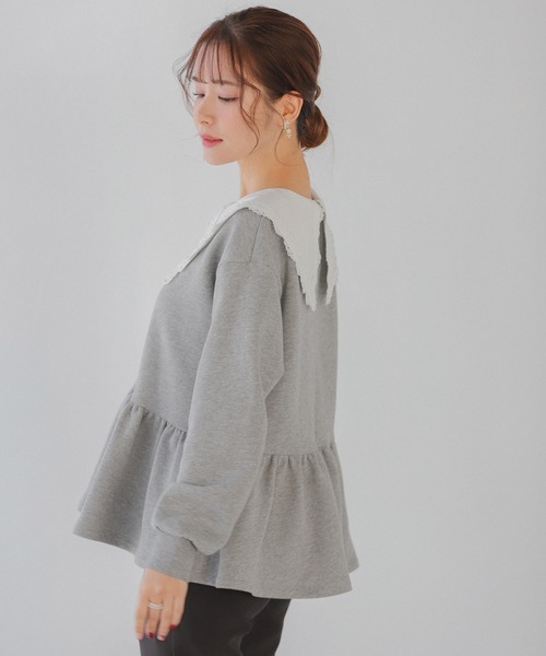 fitmore レース襟ペプラムスウェット グレー レース襟ペプラム