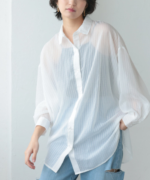 aquagarage(アクアガレージ)の「シアーストライプドルマンスリーブシャツ(シャツ/ブラウス・レディース・ブラック/オフホワイト・M)」の6枚目の写真