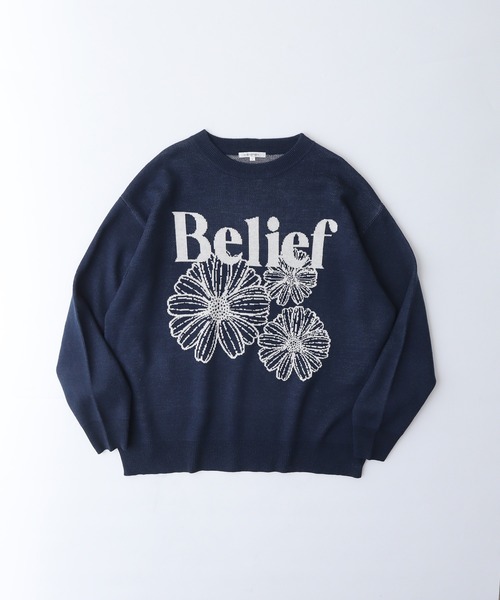 SUGGESTION（サジェッション）の「Flower jacquard crew neck knit / フラワージャガードクルーネックニット unisex（ニット/セーター・メンズ・ネイビー/ブラック/オフホワイト・L/M）」の3枚目の写真
