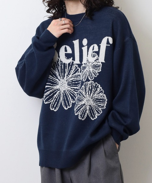 SUGGESTION（サジェッション）の「Flower jacquard crew neck knit / フラワージャガードクルーネックニット unisex（ニット/セーター・メンズ・ネイビー/ブラック/オフホワイト・L/M）」の18枚目の写真