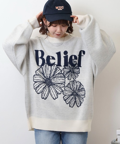 SUGGESTION（サジェッション）の「Flower jacquard crew neck knit / フラワージャガードクルーネックニット unisex（ニット/セーター・メンズ・ネイビー/ブラック/オフホワイト・L/M）」の8枚目の写真
