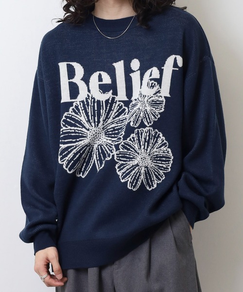 SUGGESTION（サジェッション）の「Flower jacquard crew neck knit / フラワージャガードクルーネックニット unisex（ニット/セーター・メンズ・ネイビー/ブラック/オフホワイト・L/M）」の7枚目の写真