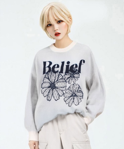 SUGGESTION（サジェッション）の「Flower jacquard crew neck knit / フラワージャガードクルーネックニット unisex（ニット/セーター・メンズ・ネイビー/ブラック/オフホワイト・L/M）」の6枚目の写真