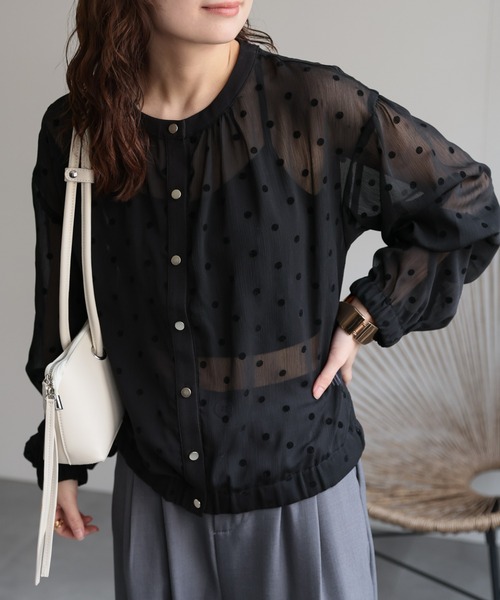 シアードットカーディガン セール】シアーフロッキードットクルーネックカーディガン