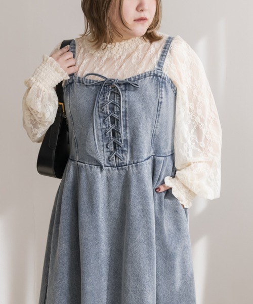 CLETTE(クレット)の「デニムレースアップジャンスカワンピース(ワンピース・レディース・ブルー/ブラック・4L/3L/LL)」の7枚目の写真