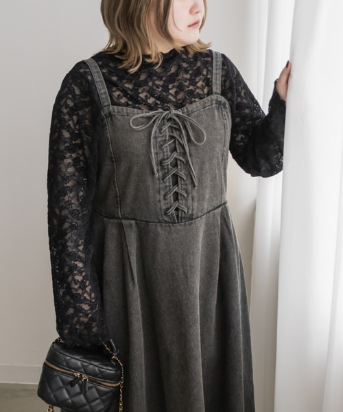 CLETTE(クレット)の「デニムレースアップジャンスカワンピース(ワンピース・レディース・ブルー/ブラック・4L/3L/LL)」の4枚目の写真