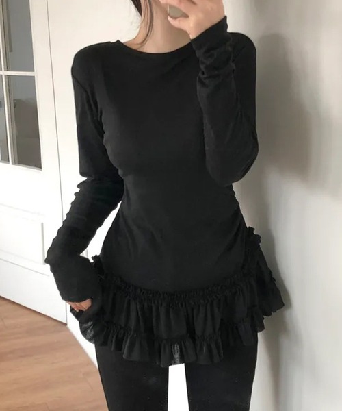 MEMECLE(メメクル)の「【 MEMECLE / メメクル 】シースルー 裾フリルレイヤード カットソー(Tシャツ/カットソー・レディース・ブラック/ホワイト・L/M/S)」の2枚目の写真