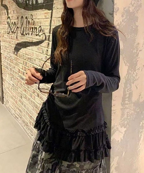 MEMECLE(メメクル)の「【 MEMECLE / メメクル 】シースルー 裾フリルレイヤード カットソー(Tシャツ/カットソー・レディース・ブラック/ホワイト・L/M/S)」の14枚目の写真