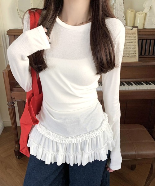 MEMECLE(メメクル)の「【 MEMECLE / メメクル 】シースルー 裾フリルレイヤード カットソー(Tシャツ/カットソー・レディース・ブラック/ホワイト・L/M/S)」の18枚目の写真