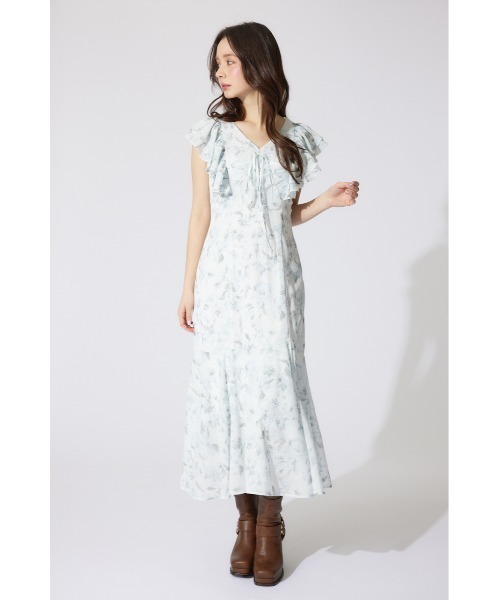 rienda ワンピース フリルフラワーロングワンピース 夏服 半袖