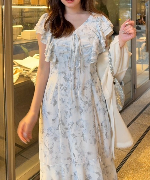 rienda（リエンダ）の「フリルフラワーロングワンピース 夏服 半袖（ワンピース・レディース・ピンク/ホワイト/ライトグレー・MEDIUM/SMALL）」の15枚目の写真