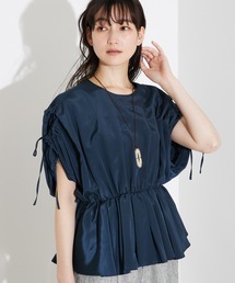 qualite | ボリュームギャザータックTOP/オフィスカジュアル/夏服/二の腕カバー/パフスリーブ/リボン(シャツ/ブラウス)