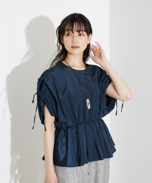 ブラウス シャツ ボリュームギャザータックTOP/オフィスカジュアル/夏服/二の腕カバー/パフスリーブ/リボン レディース セール】ボリュームギャザータックTOP/オフィスカジュアル/夏服