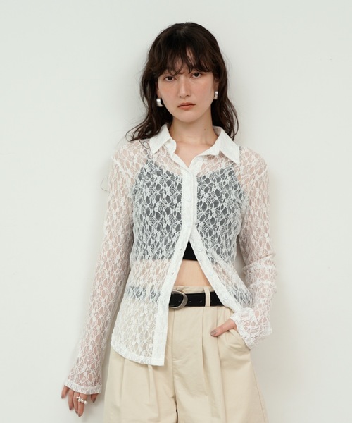 Lutim by u(ルチバイユー)の「Sheer Lace Tight Fit Shirt / シアーレースタイトフィットシャツ(シャツ/ブラウス・レディース・ホワイト/ブラック・FREE)」の1枚目の写真