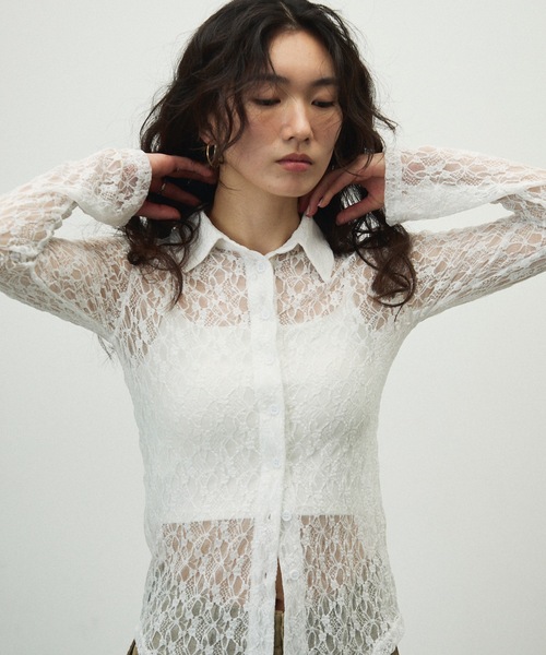 Lutim by u(ルチバイユー)の「Sheer Lace Tight Fit Shirt / シアーレースタイトフィットシャツ(シャツ/ブラウス・レディース・ホワイト/ブラック・FREE)」の10枚目の写真