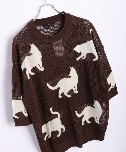 WESTSEA(ウエストシー)の「猫柄 サマークルーニット 透かし編(ニット/セーター・メンズ・ブラック/アイボリー/ブラウン・M/L)」の9枚目の写真