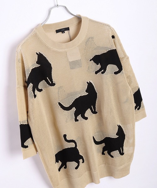 WESTSEA(ウエストシー)の「猫柄 サマークルーニット 透かし編(ニット/セーター・メンズ・ブラック/アイボリー/ブラウン・M/L)」の6枚目の写真
