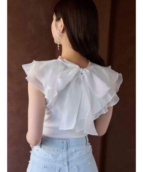 MERCURYDUO（マーキュリーデュオ）の「異素材ラッフルコンパクトニット（ニット/セーター・レディース・ピンク/ブラック/オフホワイト・FREE）」の7枚目の写真