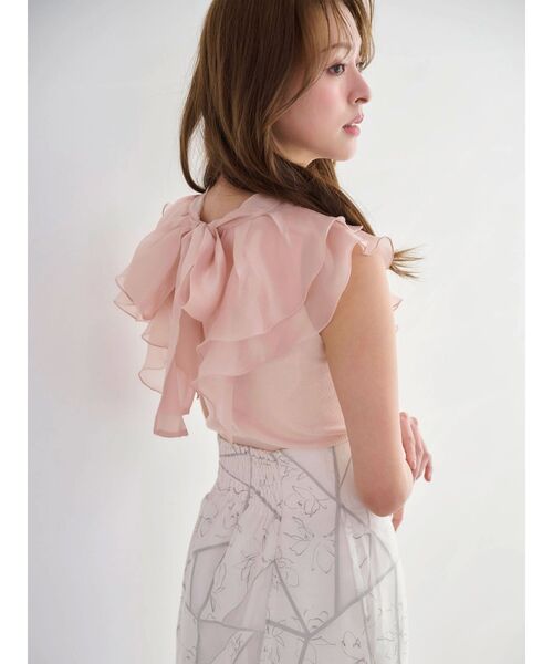 MERCURYDUO（マーキュリーデュオ）の「異素材ラッフルコンパクトニット（ニット/セーター・レディース・ピンク/ブラック/オフホワイト・FREE）」の11枚目の写真